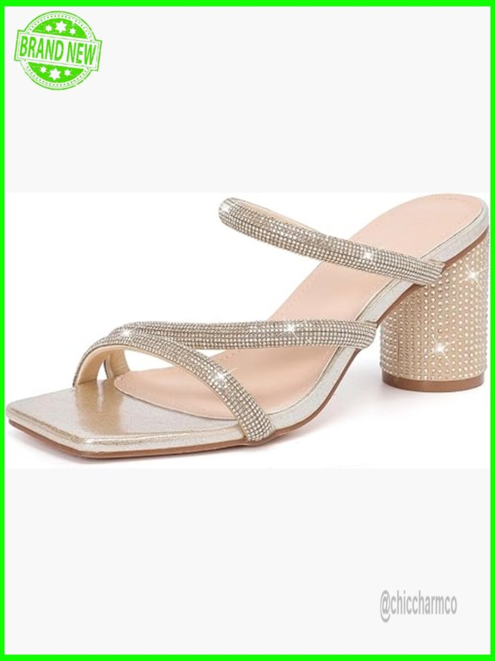 Women's Square Toe Rhinestone Strappy Chunky Block Heel Sandals